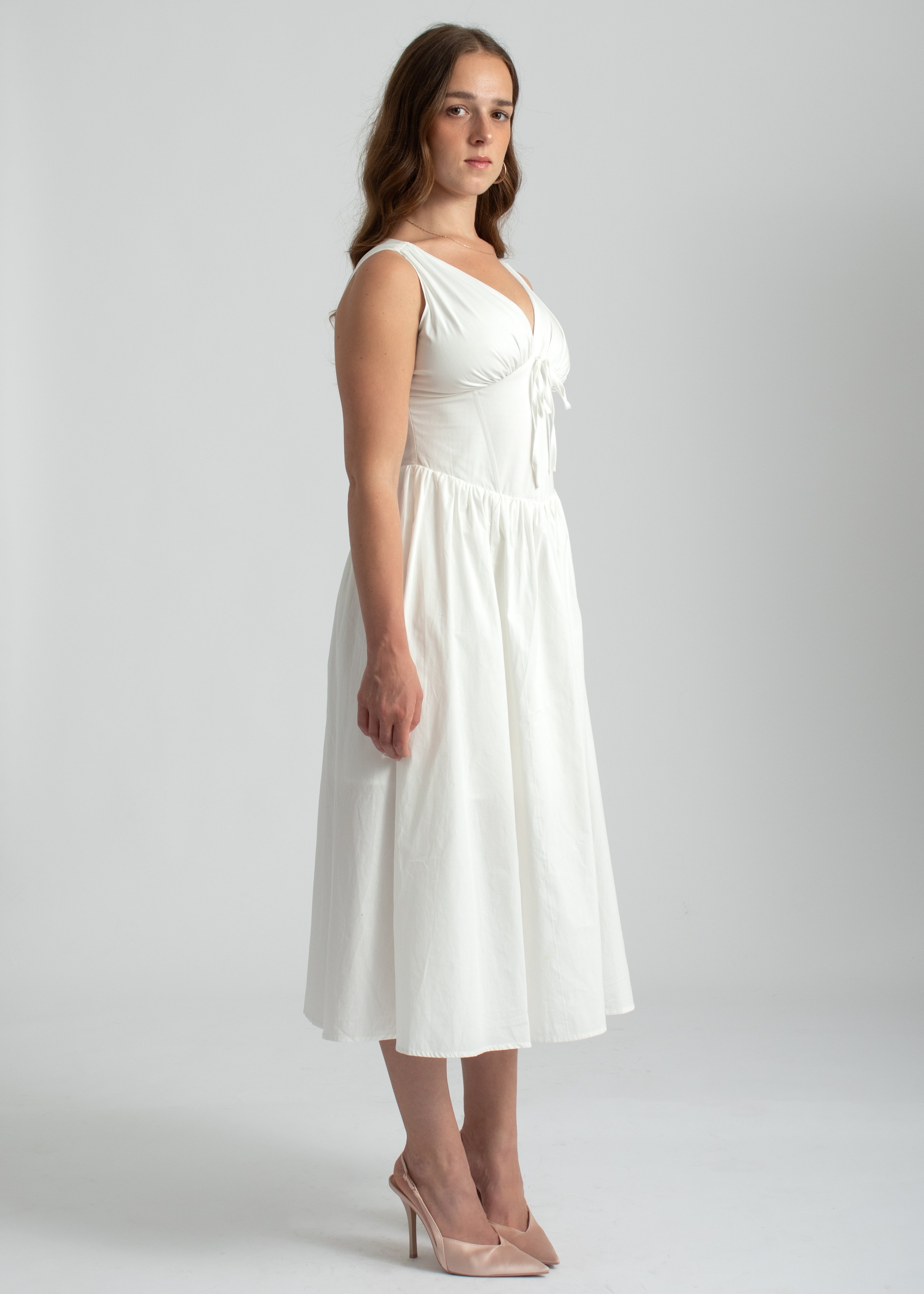 zomer midi jurk wit met corset lijfje en lage hals