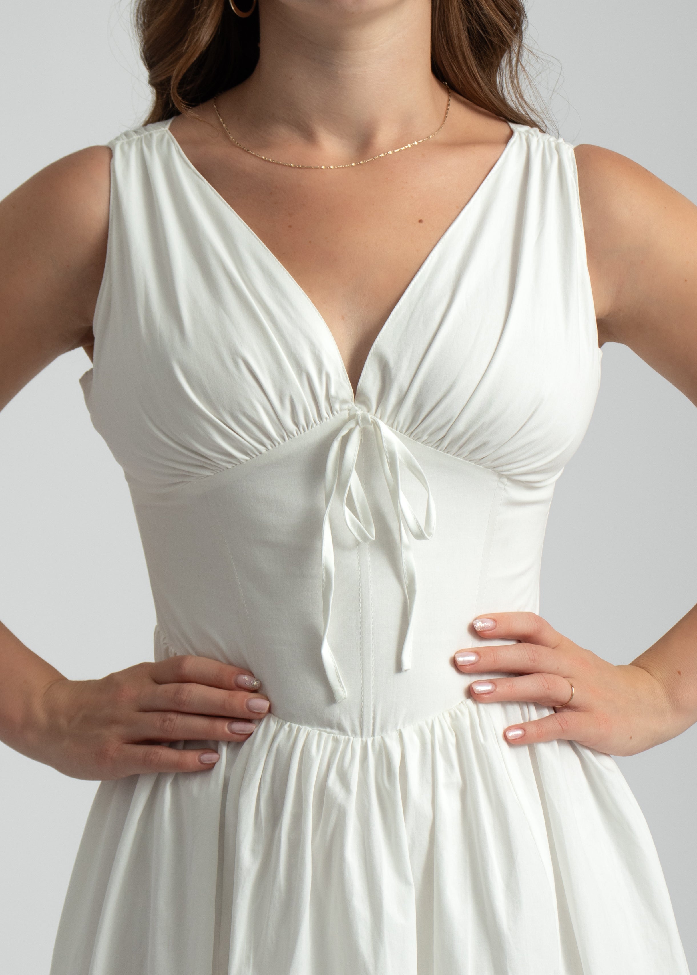 zomer midi jurk wit met corset lijfje en lage hals