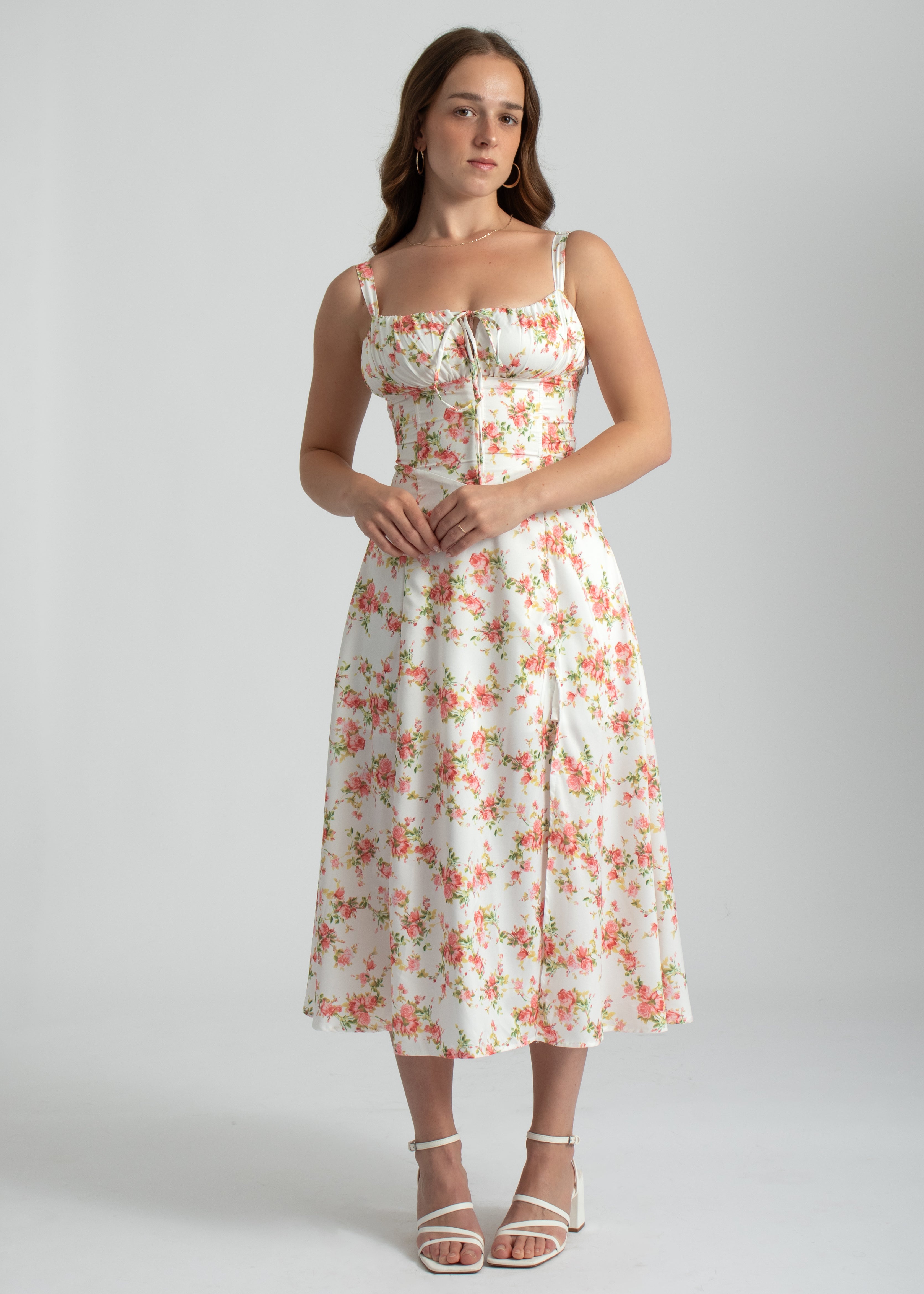 roze bloemenprint midi jurk corset lijfje spaghetti bandjes en split