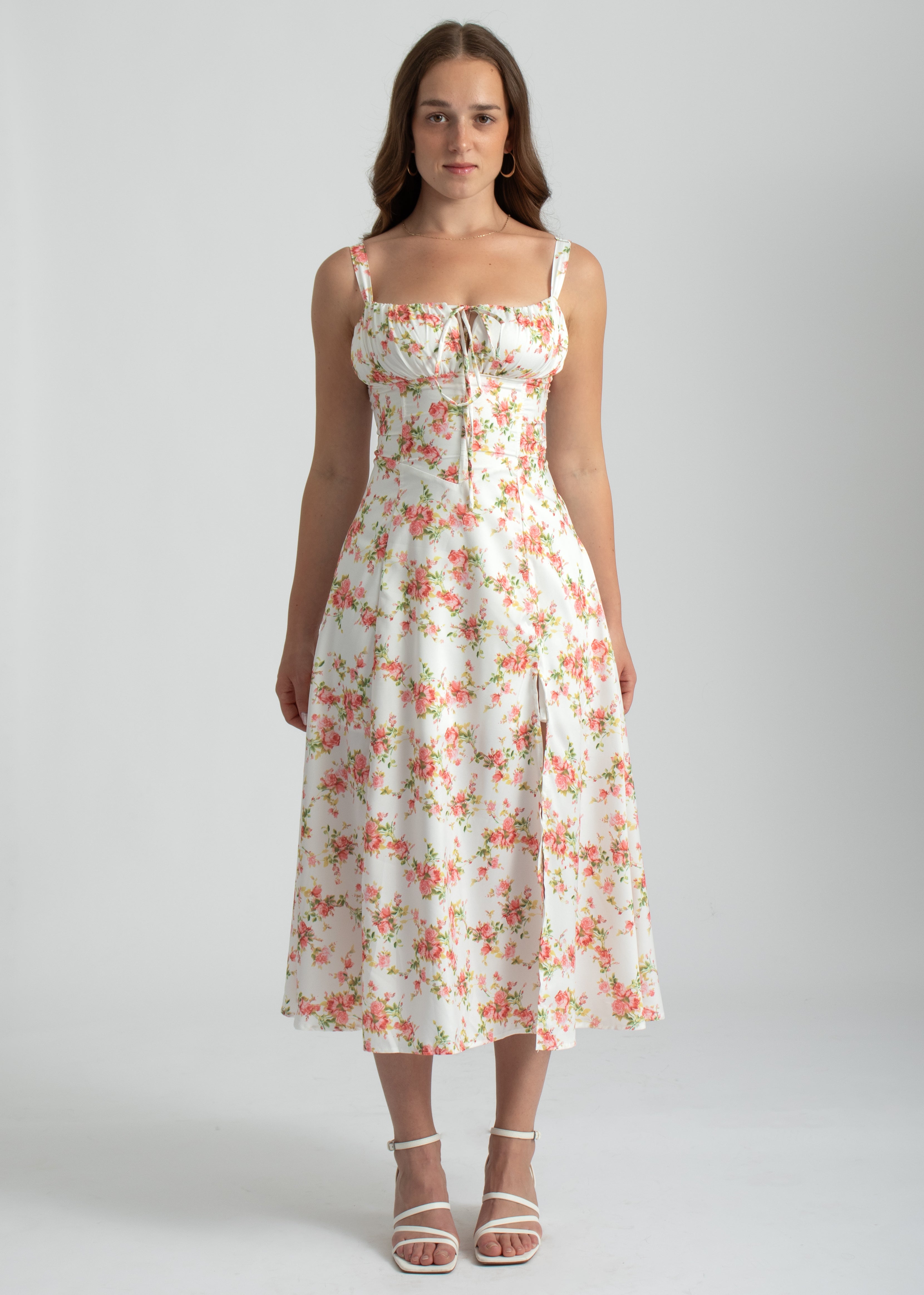 roze bloemenprint midi jurk corset lijfje spaghetti bandjes en split