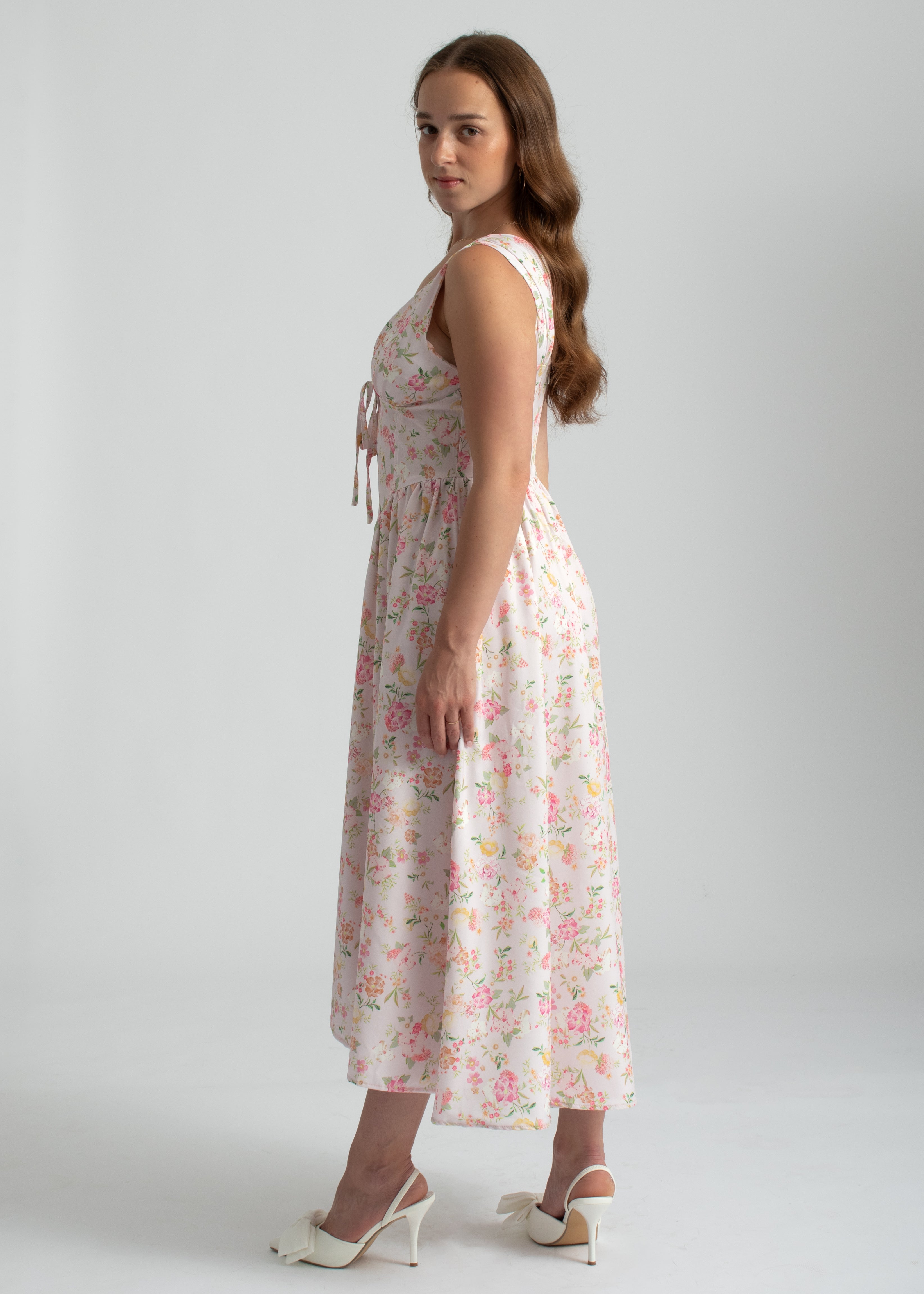 bloemenprint midi jurk roze lage hals met zakken