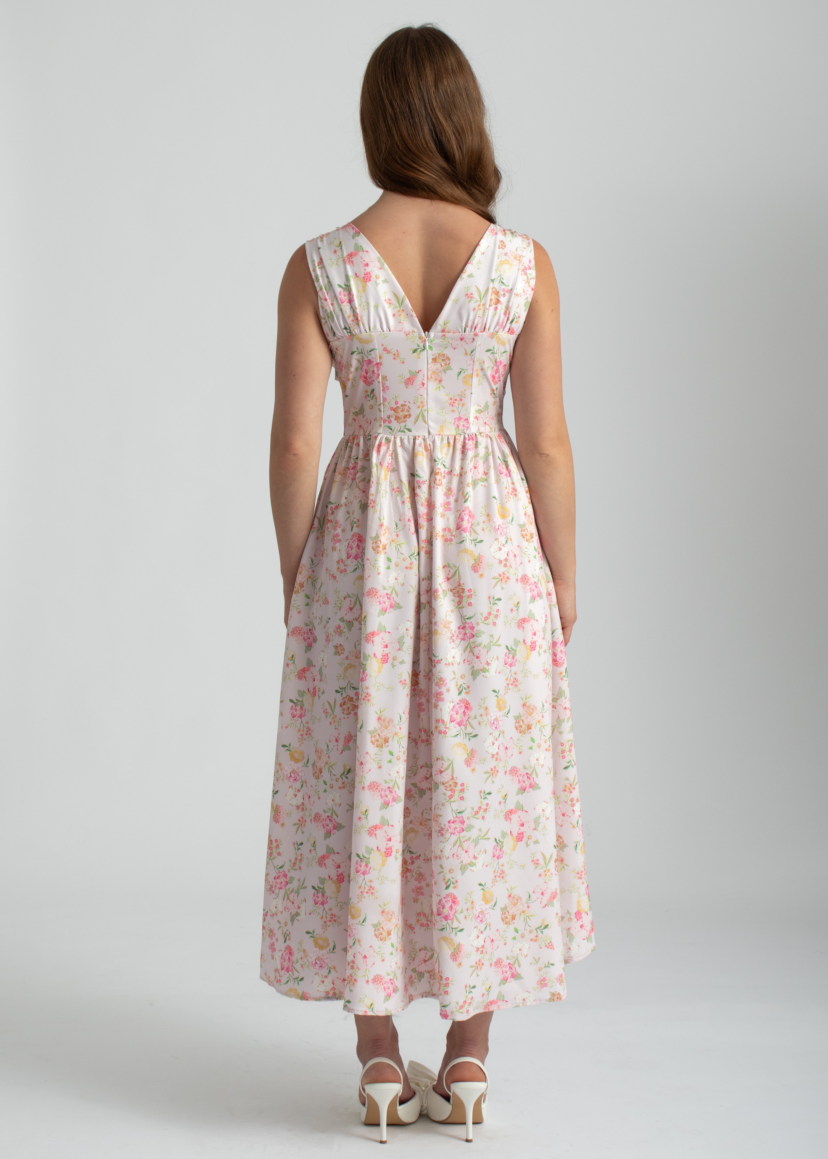 bloemenprint midi jurk roze lage hals met zakken