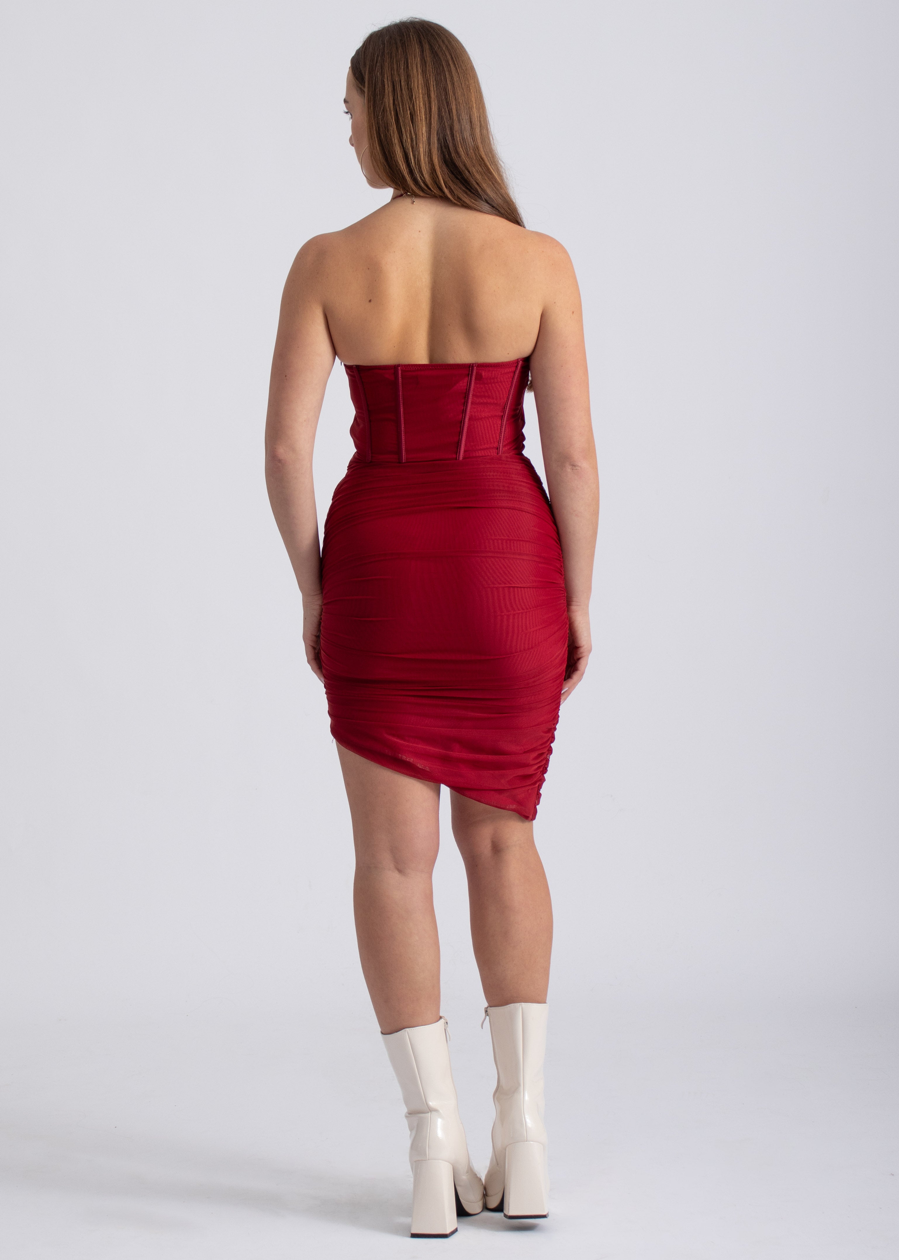rode geplooide mesh bodycon mini jurk