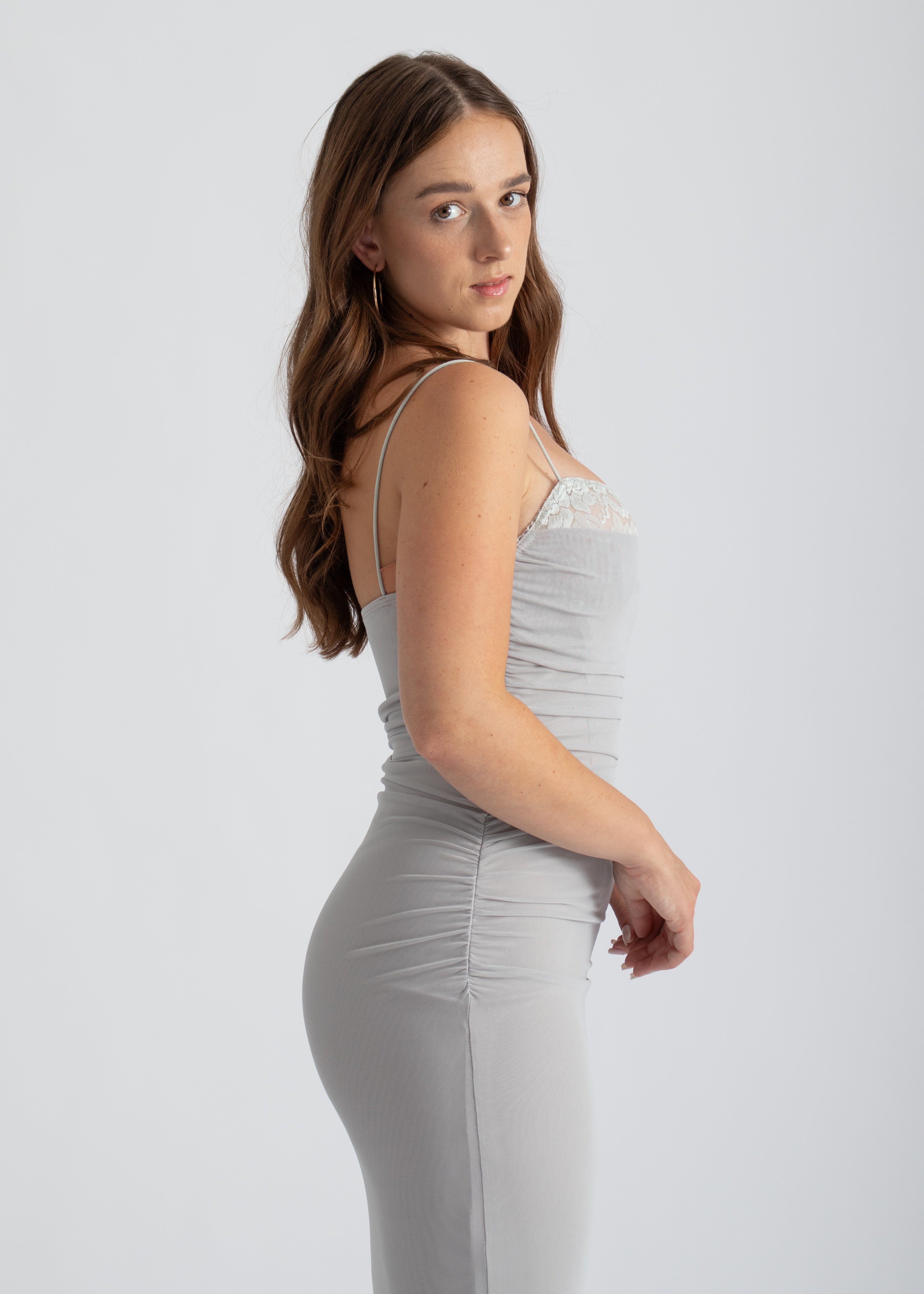 Grijze bodycon mesh maxi jurk