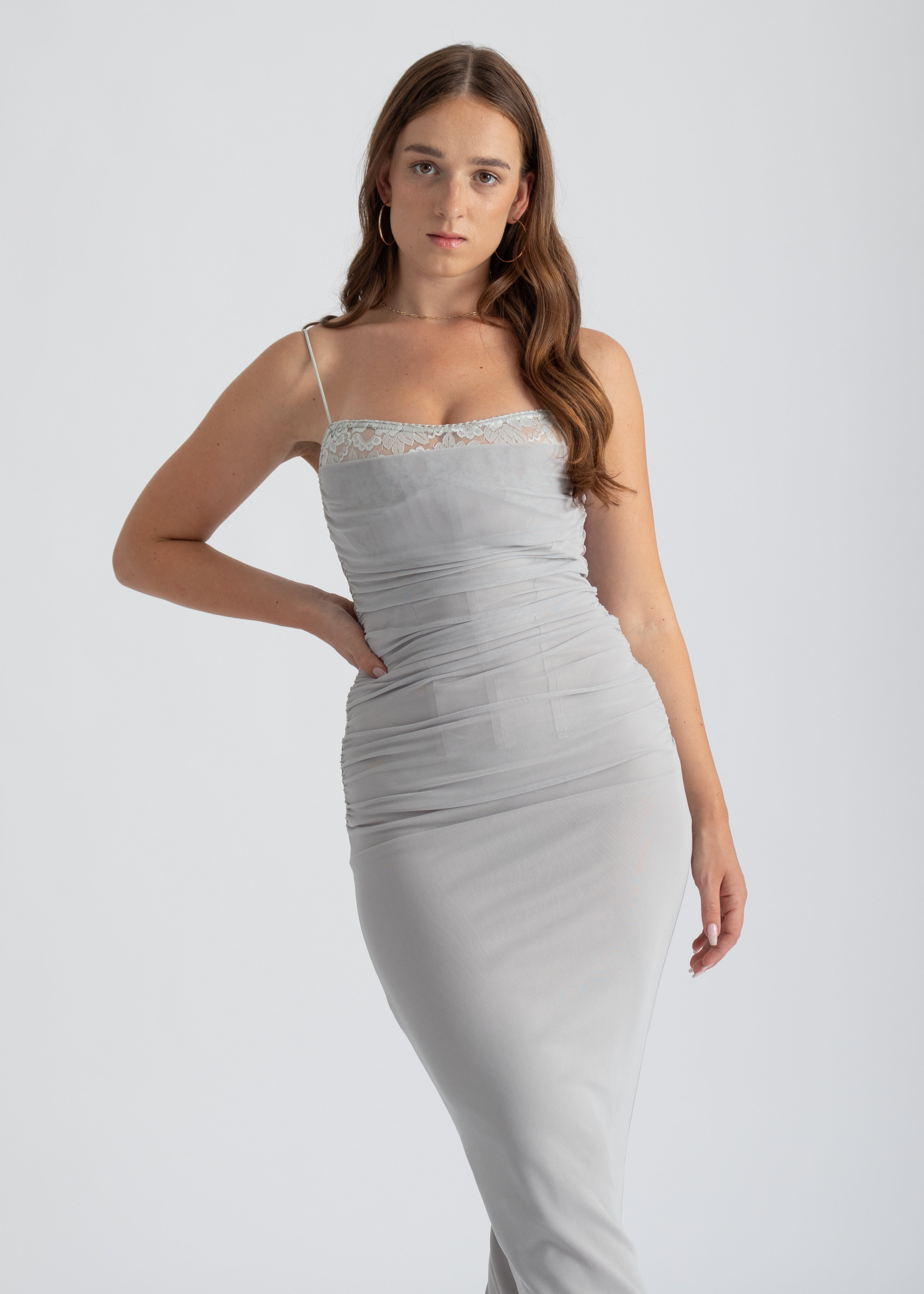 Grijze bodycon mesh maxi jurk